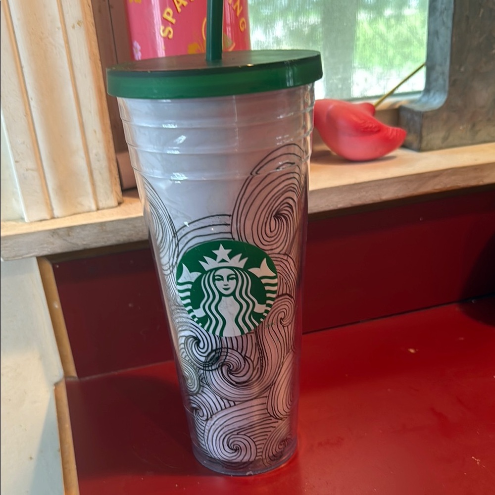 Starbucks Tumbler with Artistic Swirl and Green Lid